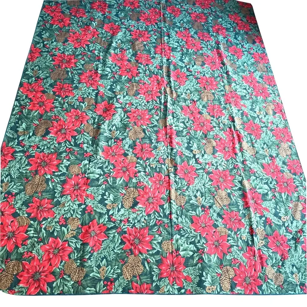 Vintage Christmas tablecloth red green brown poinsettias holly leaves pinecones